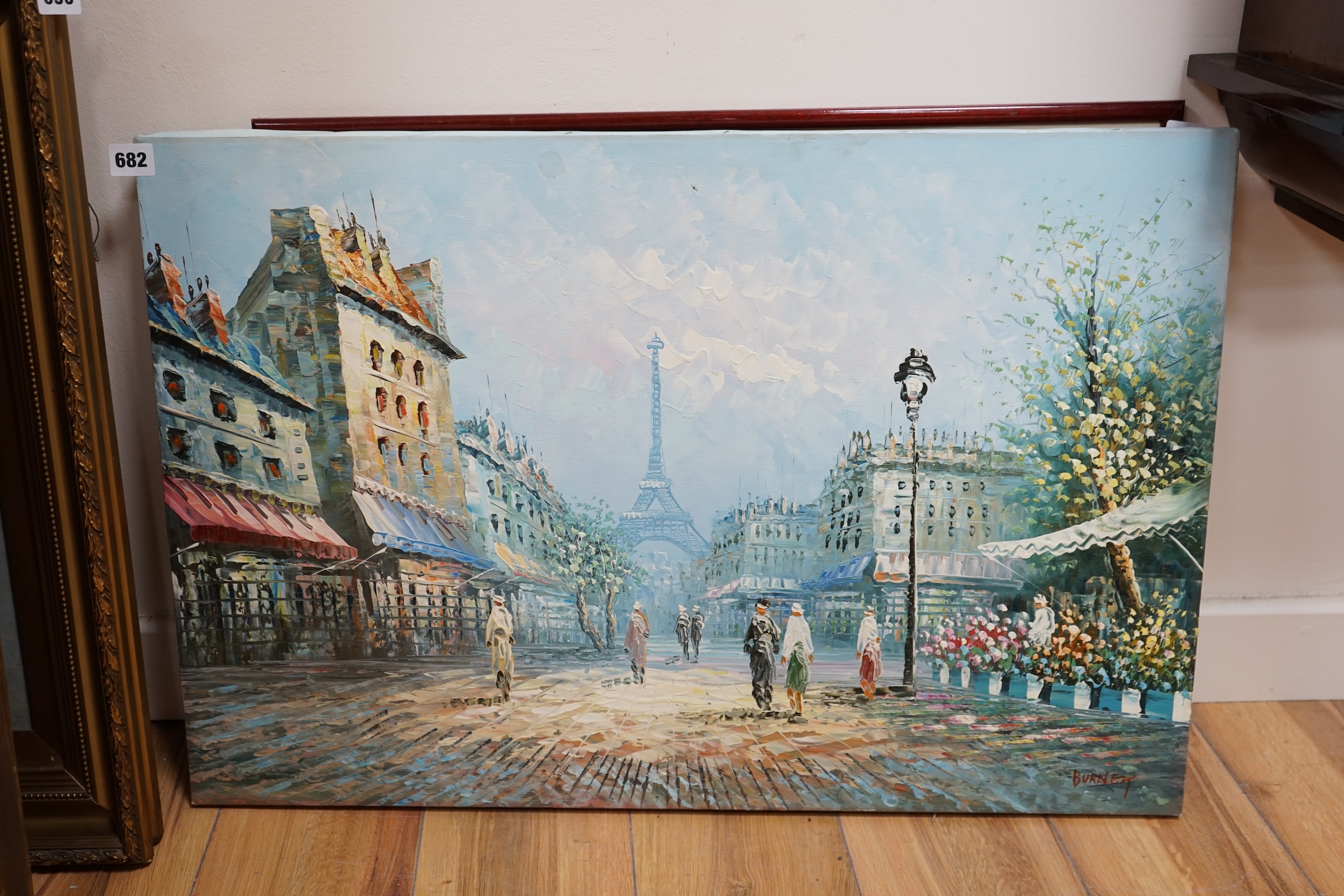 Caroline Burnett (1877-1950), Impressionist oil on canvas, Parisian street scene with figures before the Eiffel Tower, signed, 51 x 76cm, unframed. Condition - fair to good